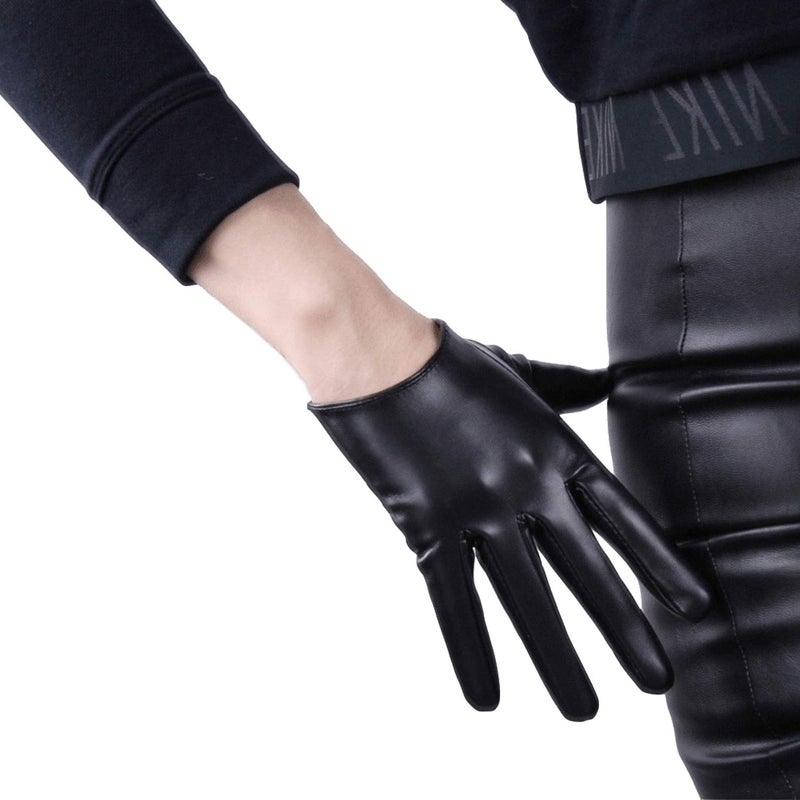 DooWay Women's Short Leather Gloves 16CM Half Palm Faux Lambskin PU for Evening Fashion Costume Car Motor Driving (Black) - Image 1